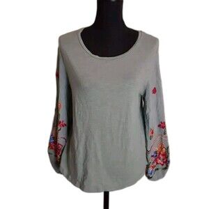 Umgee Blouse Small Sage Green Floral Embroidered Balloon Sleeves Boho Festival